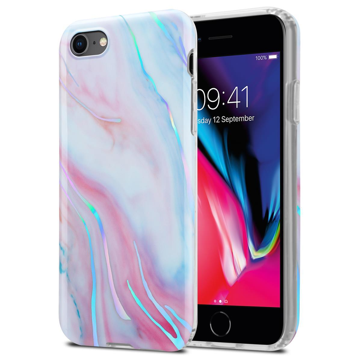 Custodia per telefono con motivo marmoreo. Il telefono è dentro. Colori bianco e rosa.