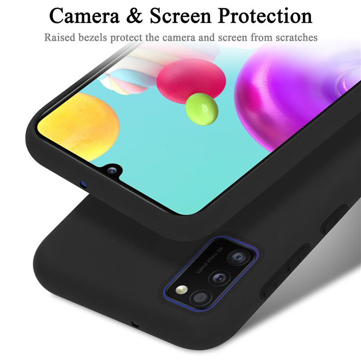 Schwarze Handyhülle auf Telefon, mit erhöhten Blenden für Kamera und Bildschirm.