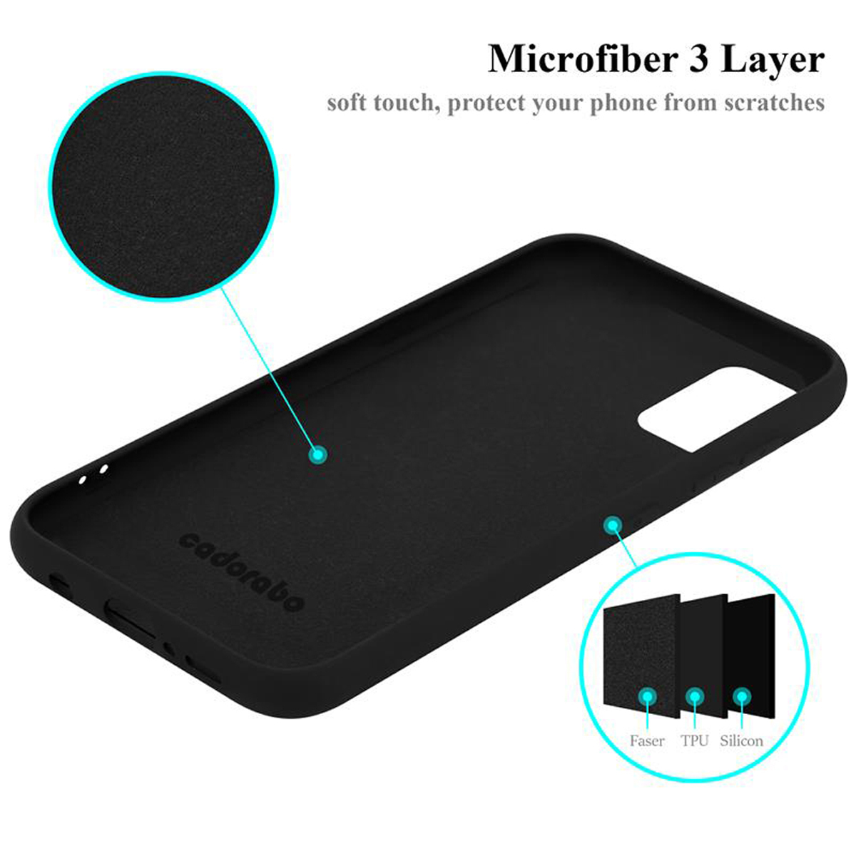 Eine schwarze Handyhülle mit Innenansicht. Der Text lautet: Mikrofaser 3 Schichten. Weiche Haptik, schützen vor Kratzern.