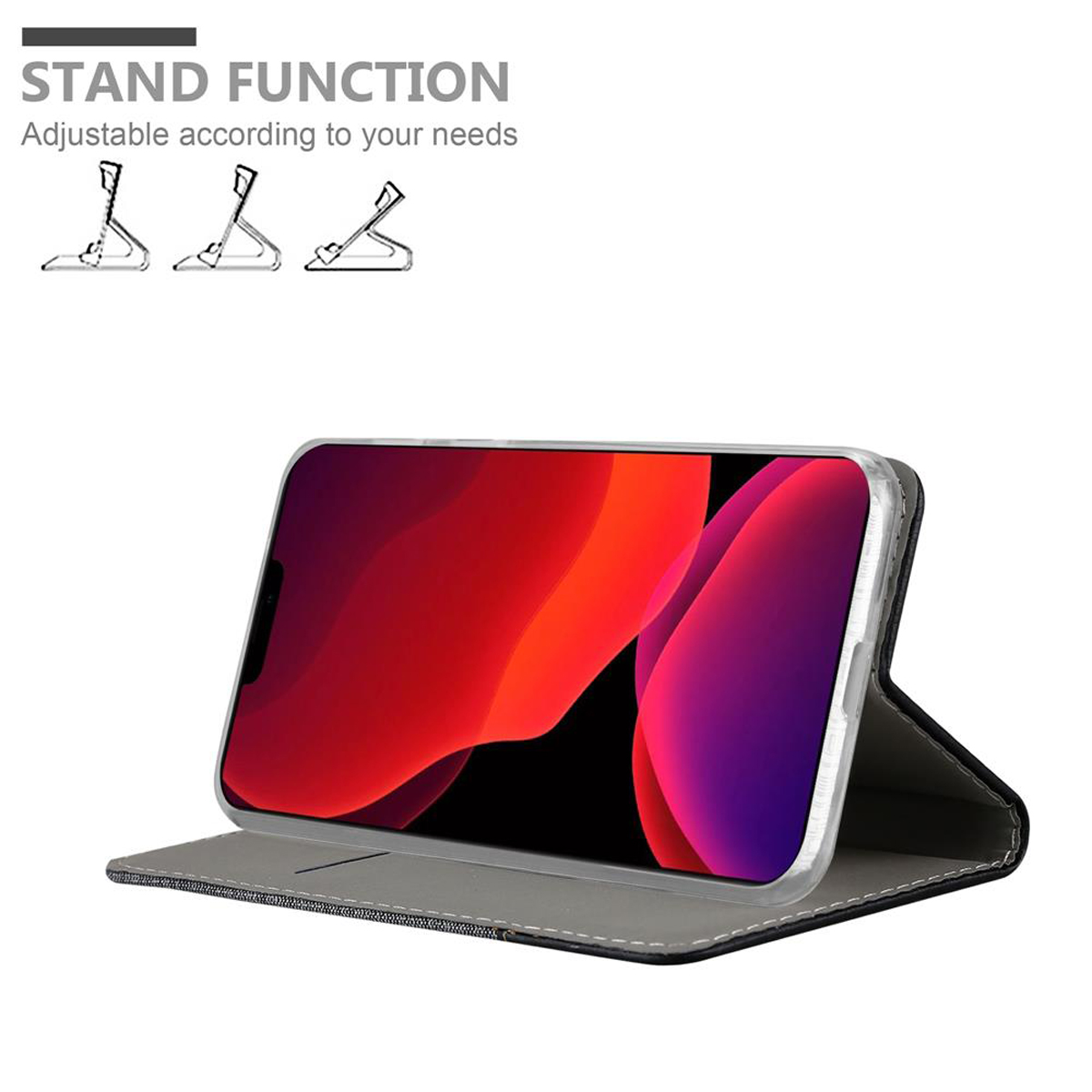 Ein Telefon in einer Hülle ist aufgestellt. Der Bildschirm zeigt ein buntes abstraktes Design.