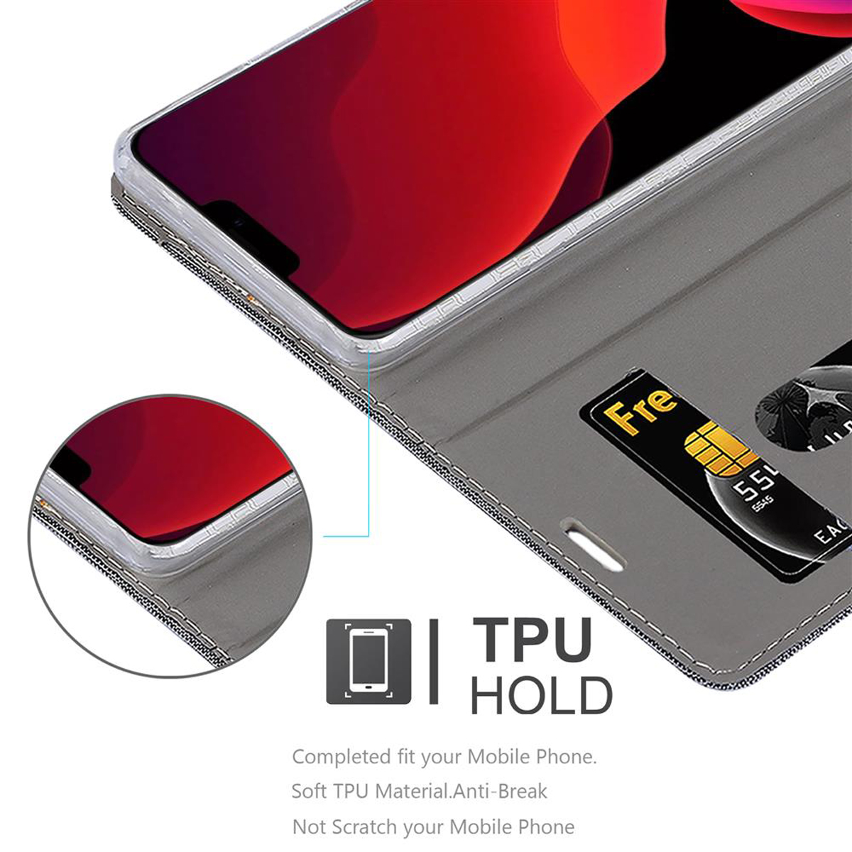 Telefon in grauem Etui mit Karte. Das Telefon zeigt roten Bildschirm. Das Etui ist offen.
