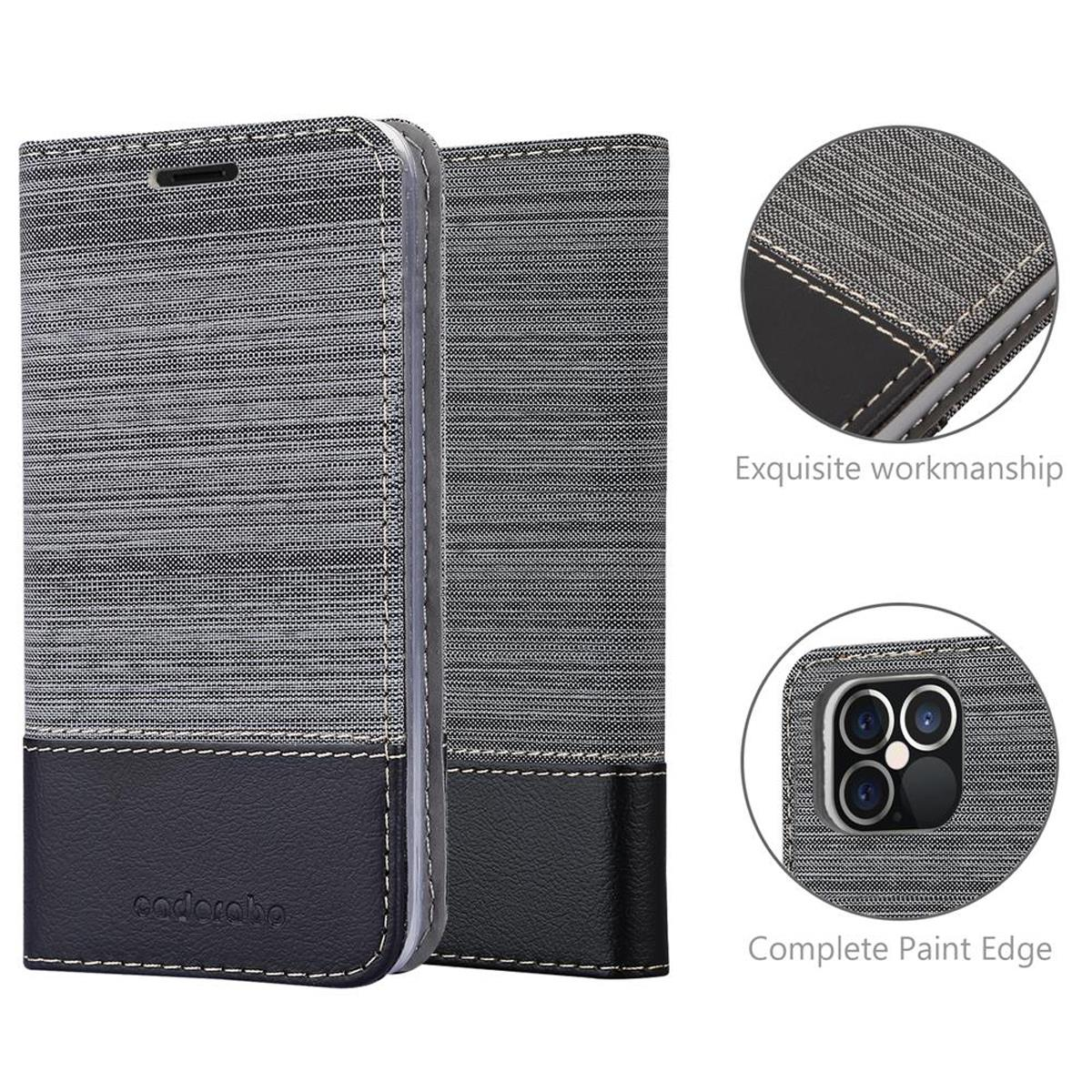 Graue Handyhülle, zwei Detailkreise mit exquisiter Verarbeitung und vollständiger Lackkante.