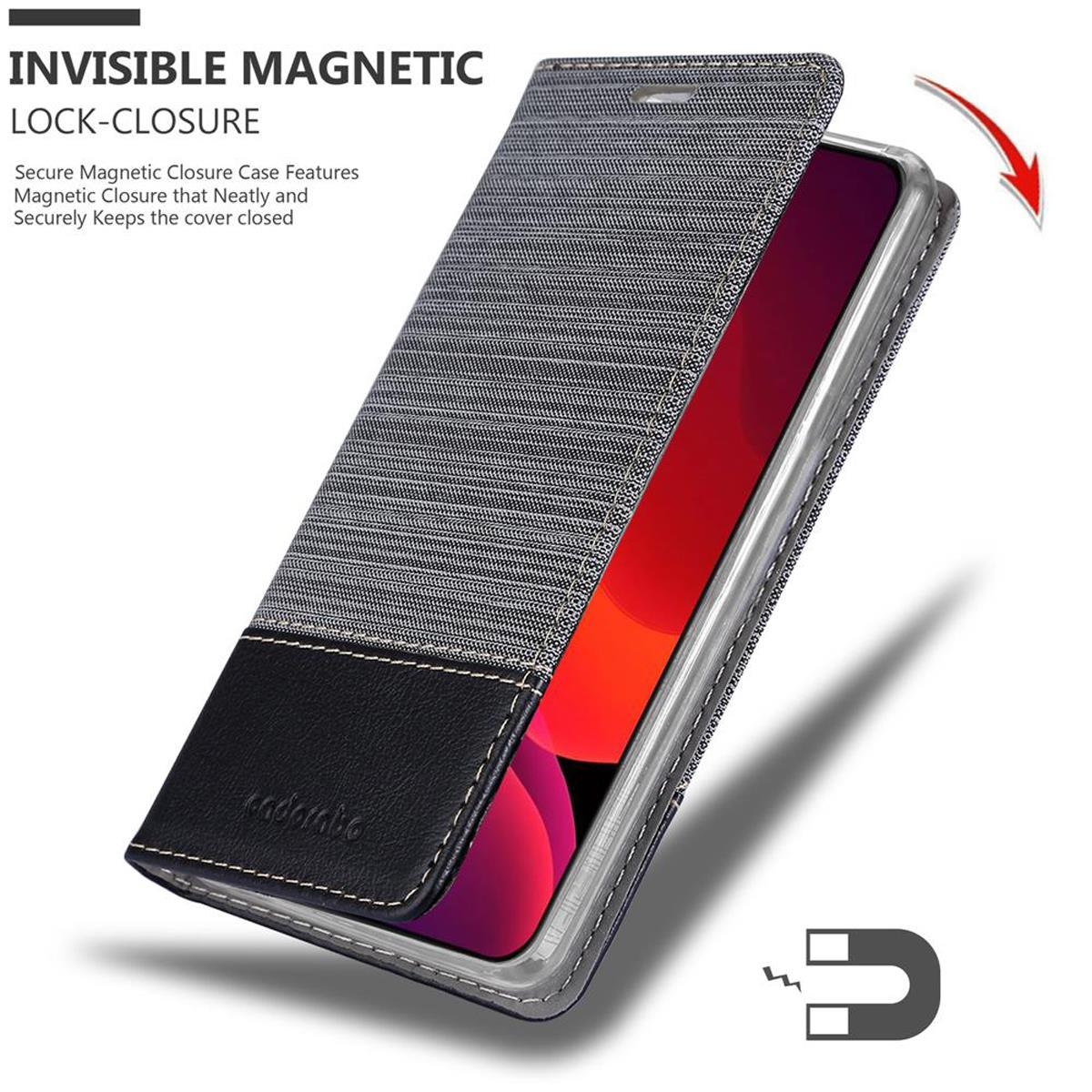 Handyhülle im Jeans-Design, offen, um das Telefon mit Bildschirm zu zeigen. Ein Magnet-Symbol ist sichtbar.