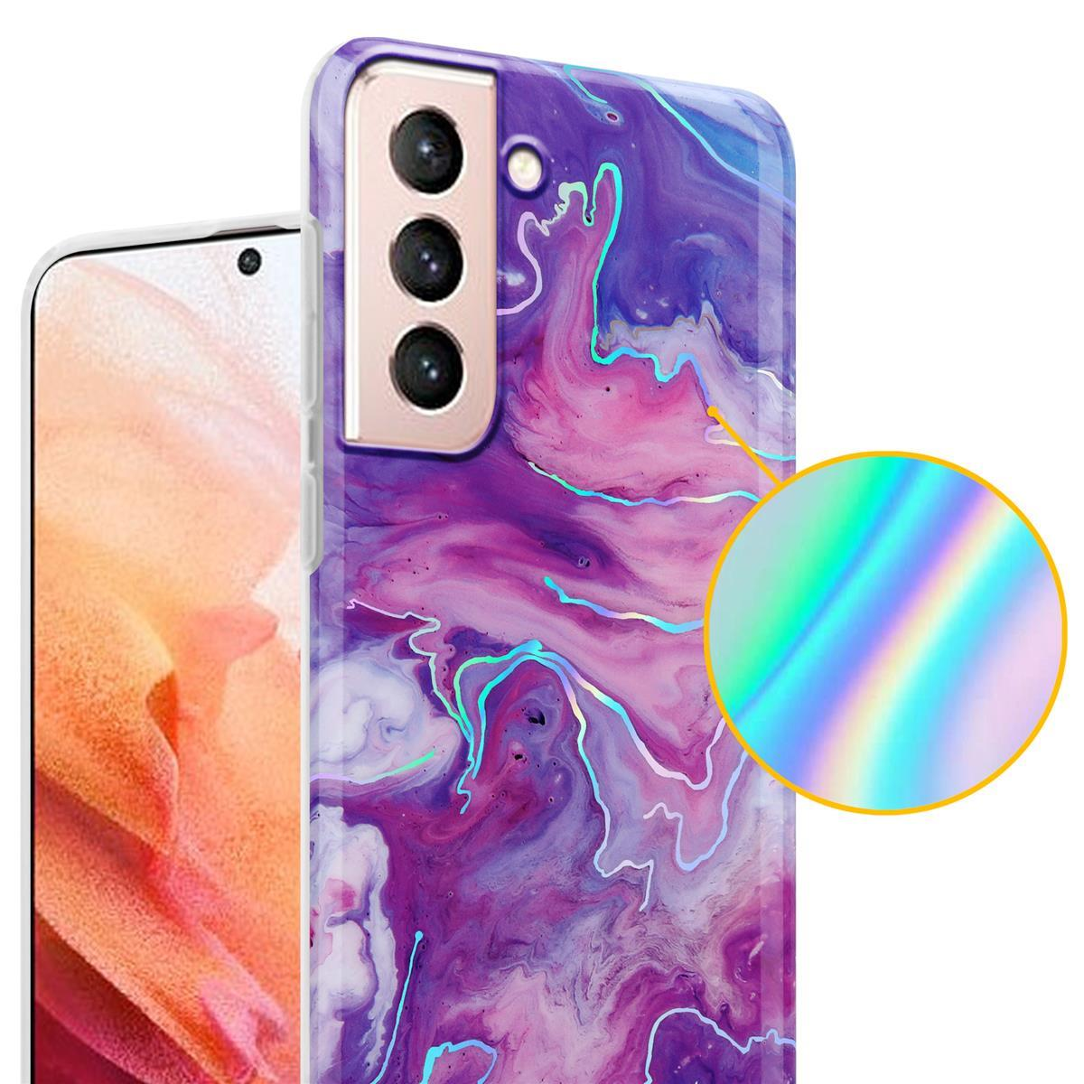 Una custodia per telefono con un design colorato, il telefono e un cerchio con riflessi arcobaleno.