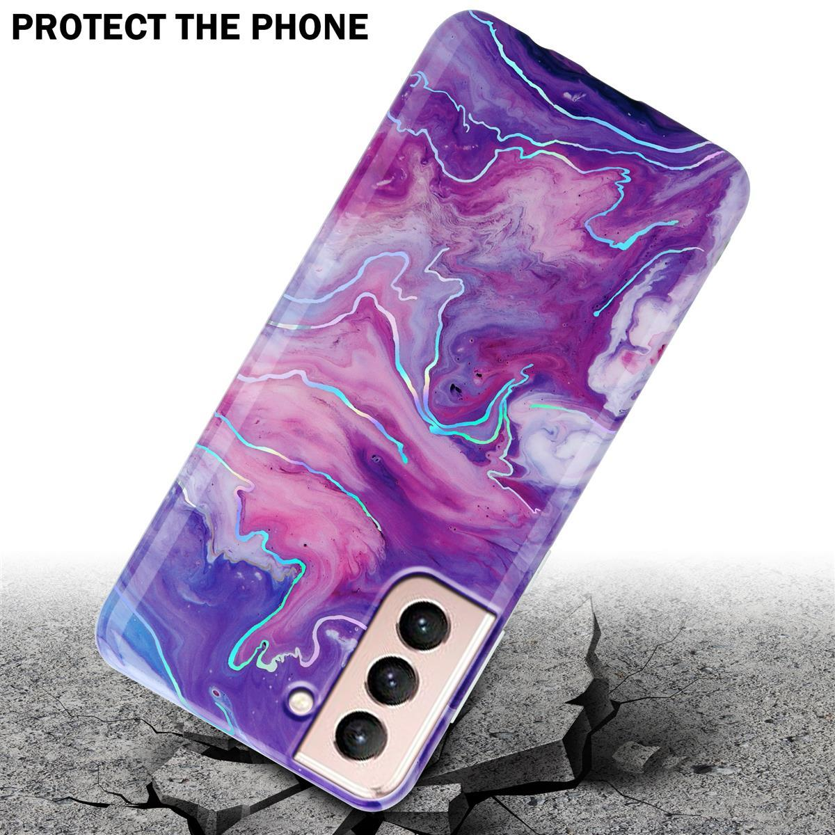 Custodia per telefono con un design marmorizzato. Il telefono sta cadendo e sta per toccare il suolo.