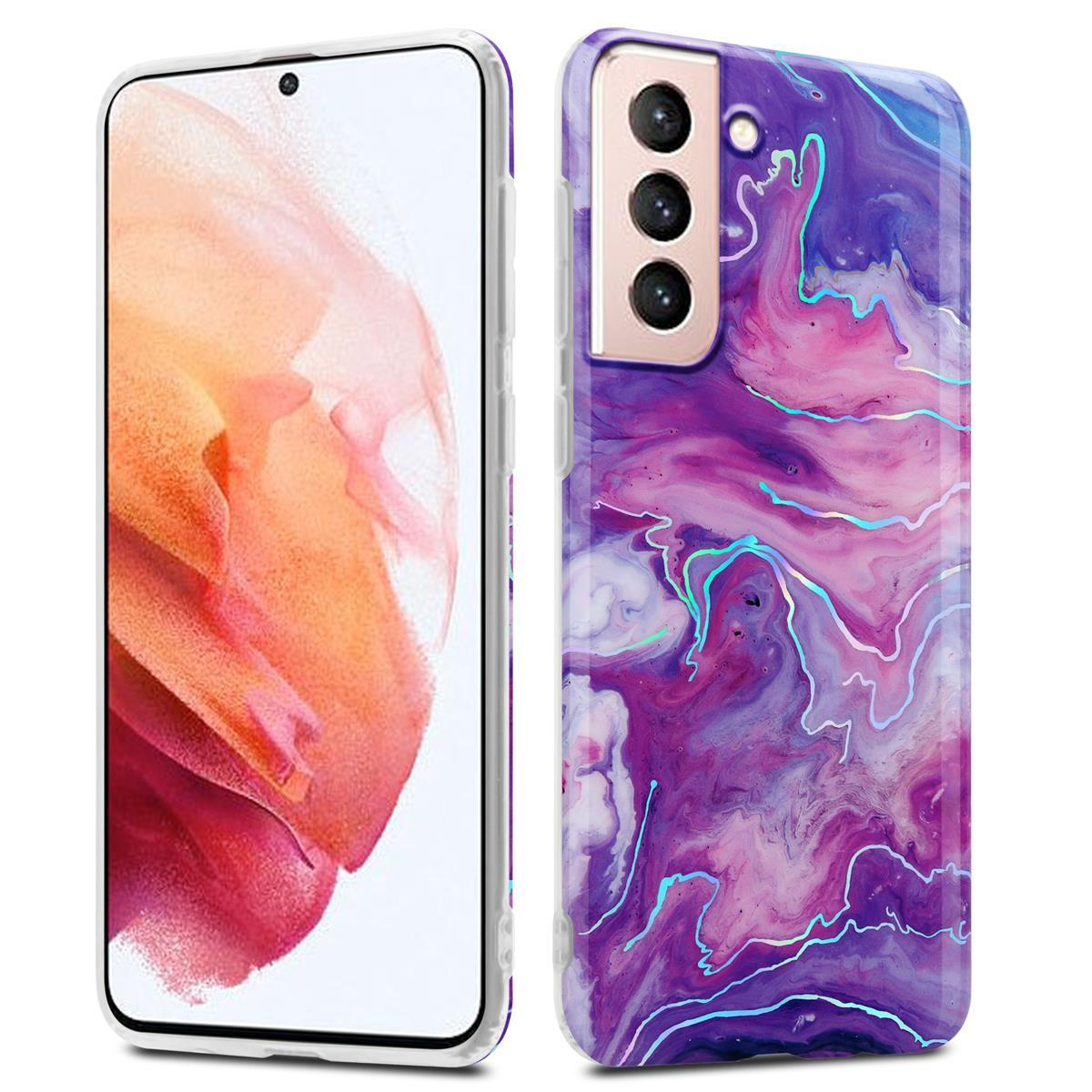 Due custodie per telefono. La custodia a sinistra è trasparente. Quella a destra ha un design marmorizzato.