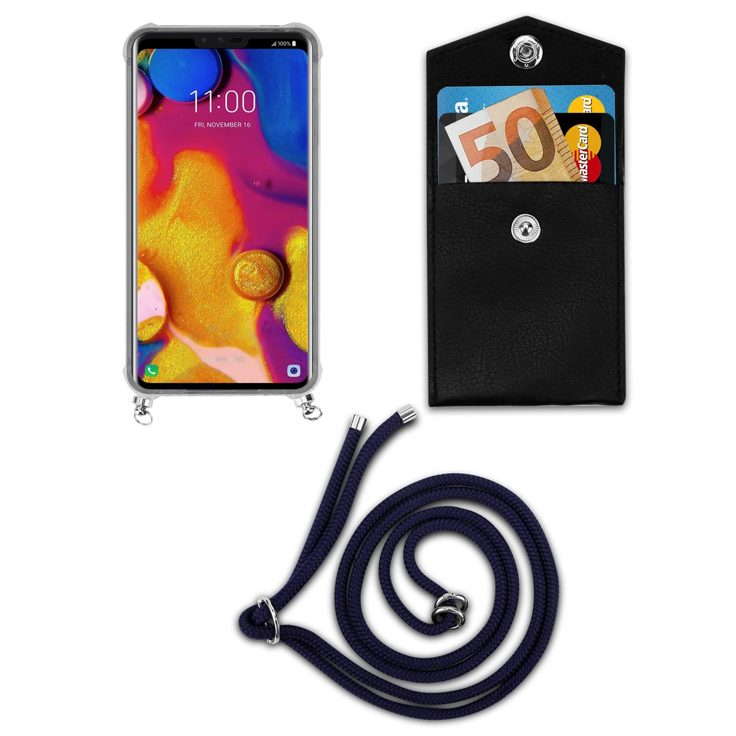 Ein Telefon mit Umhängeband und schwarzem Beutel. Der Beutel enthält Karten und Geld. Das Telefon zeigt.