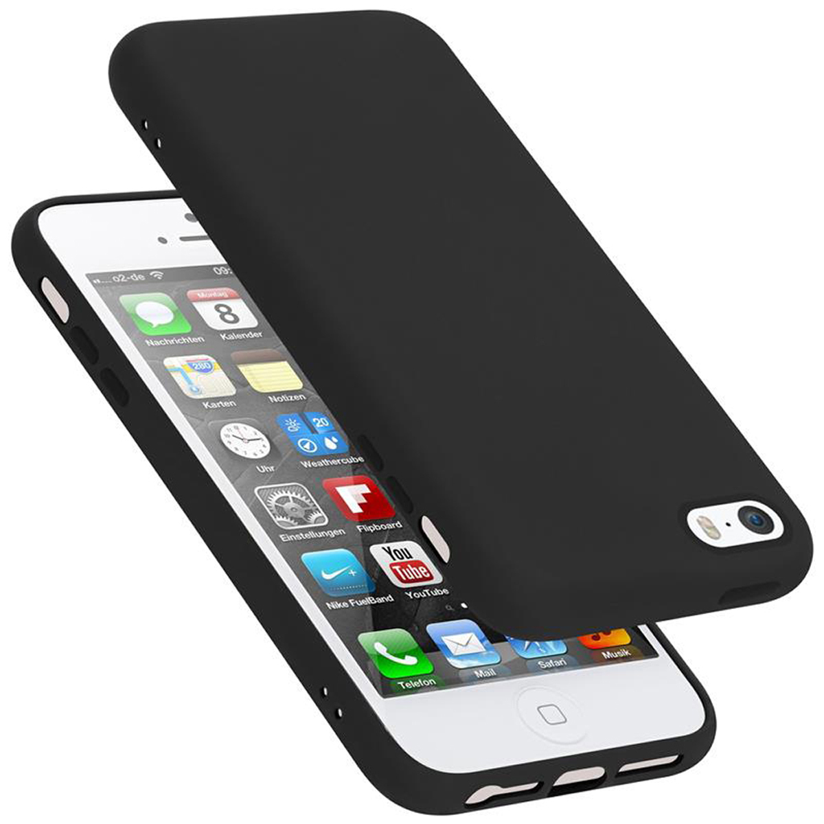 Zwei Handyhüllen. Eine schwarze Hülle ist seitlich geöffnet und zeigt den weißen iPhone-Bildschirm mit App-Symbolen.