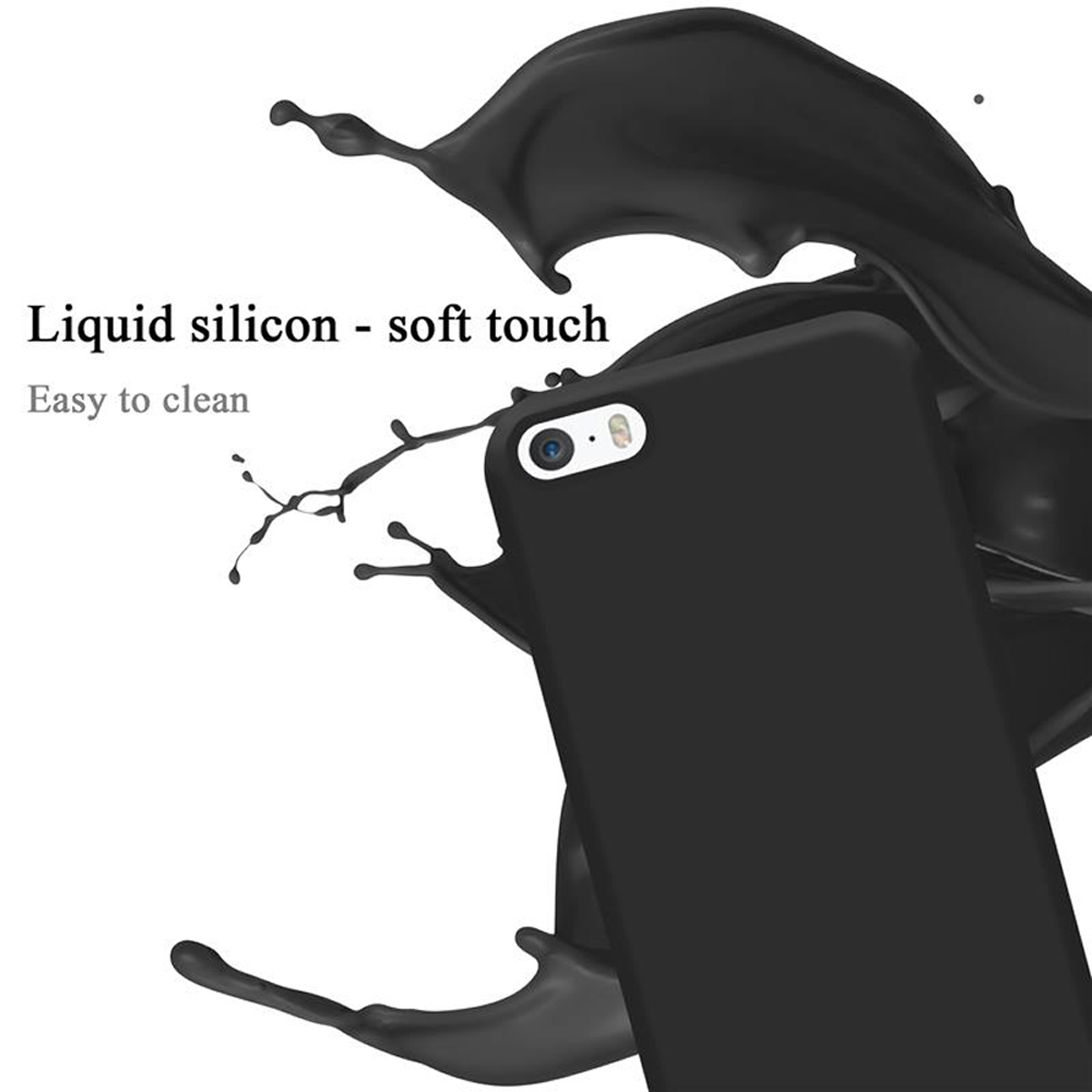 Schwarze Handyhülle mit schwarzem Flüssigkeitsspritzer. Der Hintergrund ist weiß.