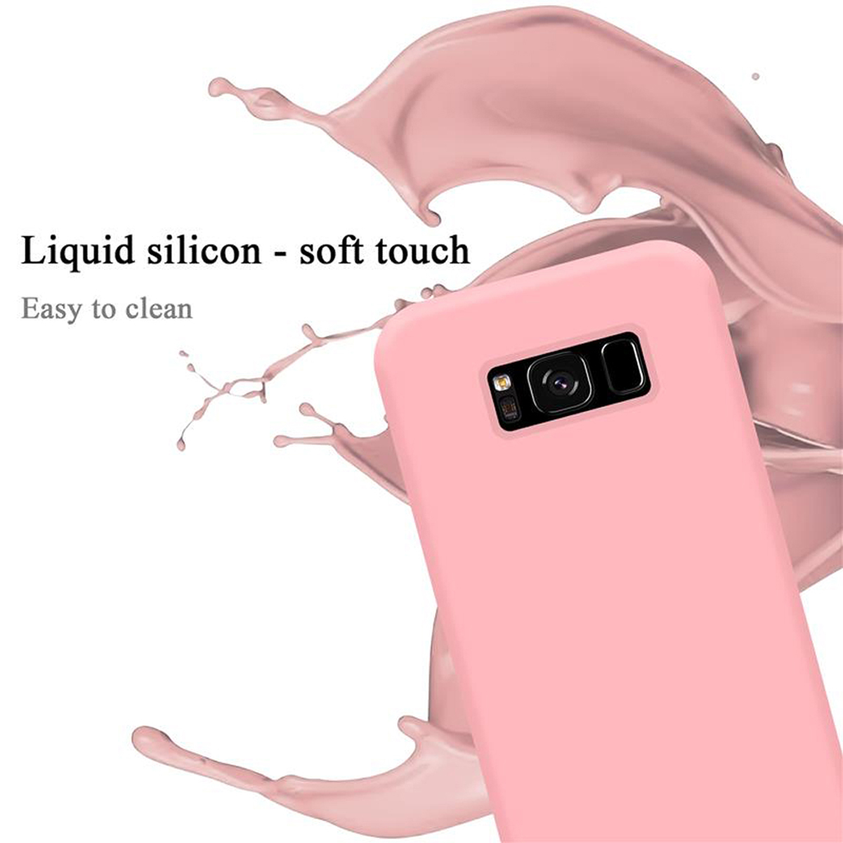 Rosa Handyhülle mit Soft-Touch-Flüssigsilikon. Der Text lautet 'Liquid silicon - soft touch'.