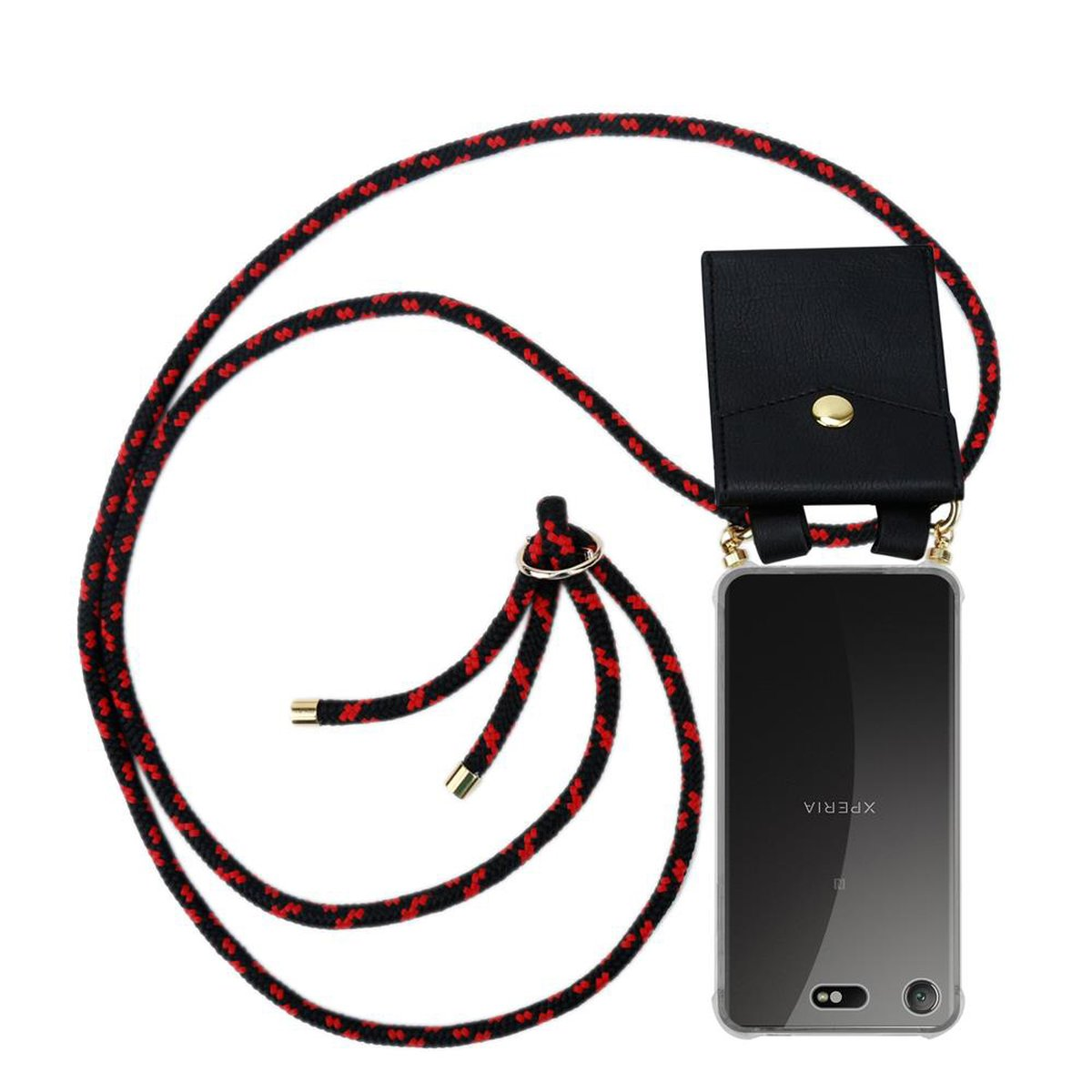 Ein Telefon mit einer rot-schwarzen Kordelhülle. Das Telefon befindet sich in einer transparenten Hülle mit schwarzem Lederbeutel.