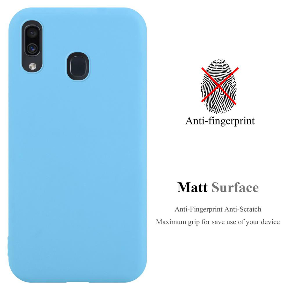 Una custodia per telefono azzurra. Ha una superficie opaca ed è anti-impronta. È antigraffio e ha la massima presa.