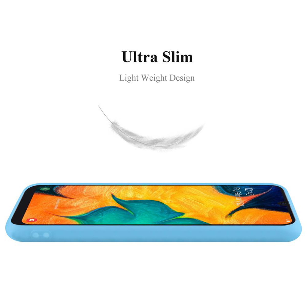 Una custodia per telefono blu chiaro con schermo visibile. Il testo dice 'Ultra Slim' e c'è una grafica di piume sopra.