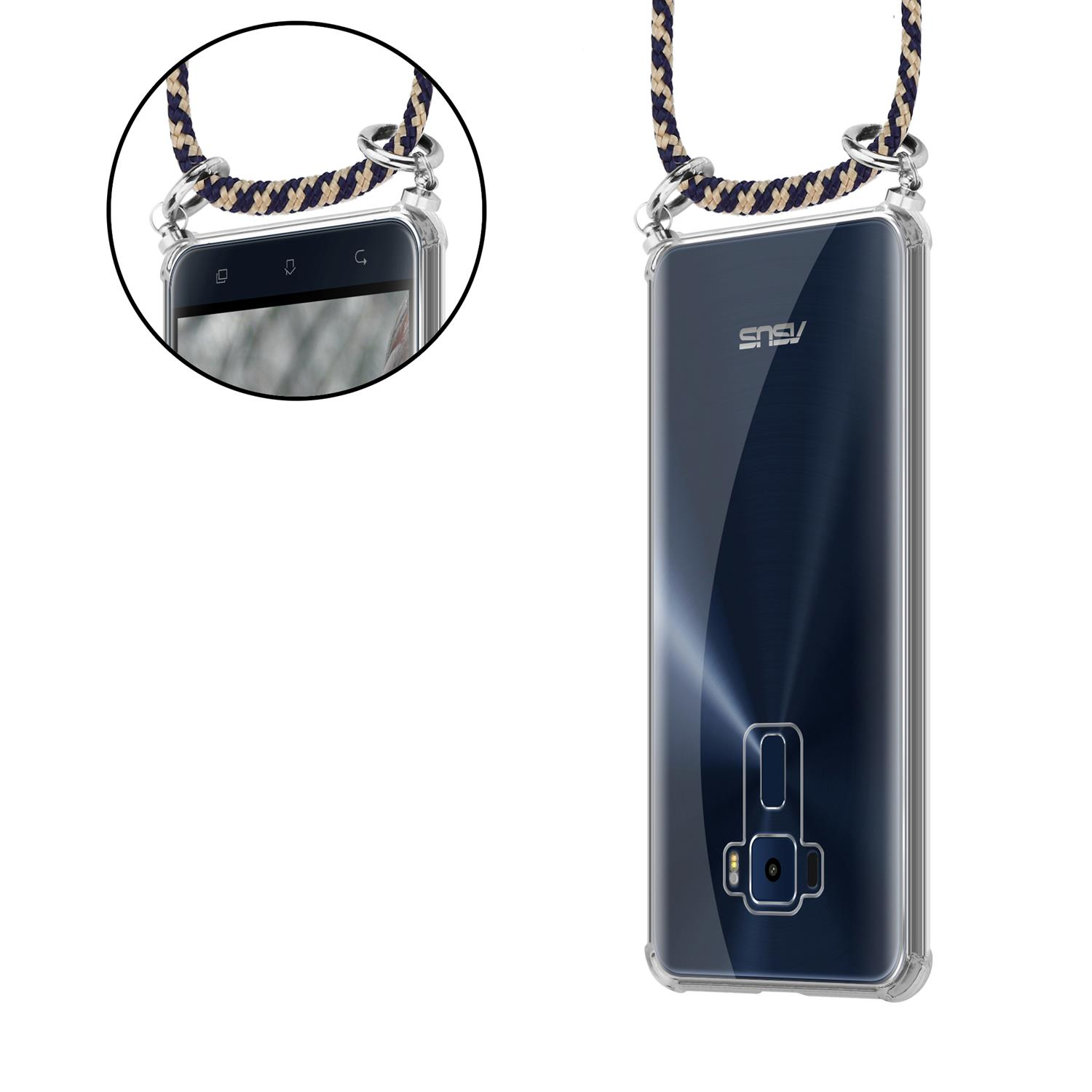Handyhülle mit Lanyard. Telefon hat klare Hülle. Beige und marinefarbenes Lanyard. Weißer Hintergrund.