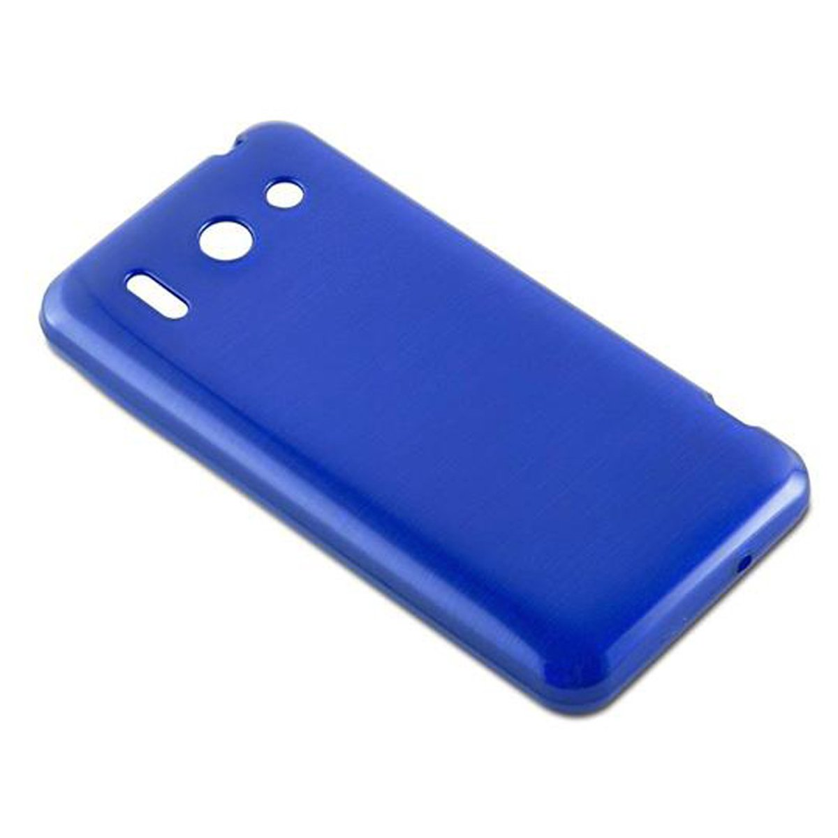 Custodia per telefono blu con ritagli per la fotocamera e altre funzioni.