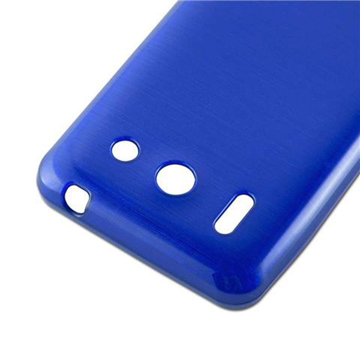 Custodia blu per telefono con fori per fotocamera e caricatore. Sfondo bianco.
