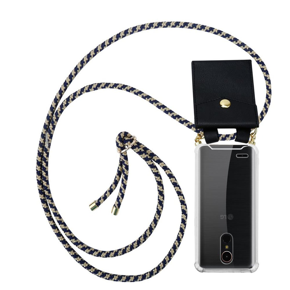Telefon in klarer Hülle mit marineblauem und beigem Seilband und schwarzem Lederhalter.