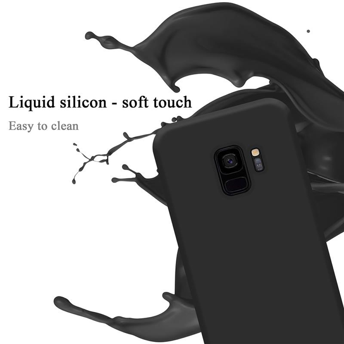 Eine schwarze Handyhülle auf schwarzem Hintergrund mit einem Spritzer schwarzer Flüssigkeit. Die Worte Soft Touch sind vorhanden.