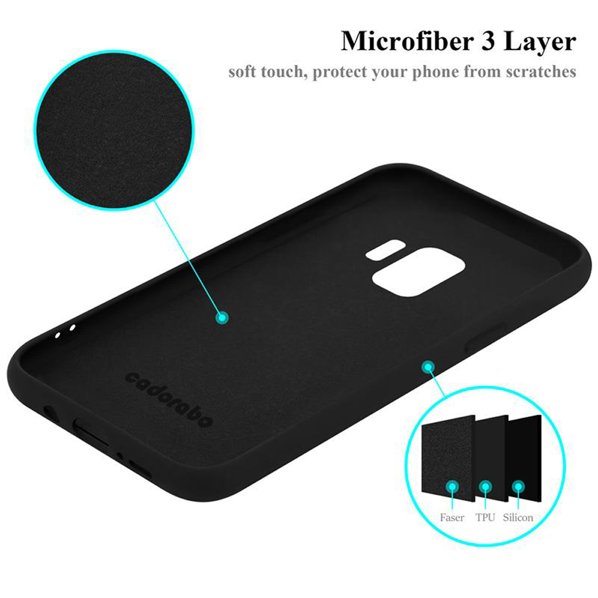 Schwarze Handyhülle mit Mikrofaser-Schicht. Der Hintergrund ist weiß.