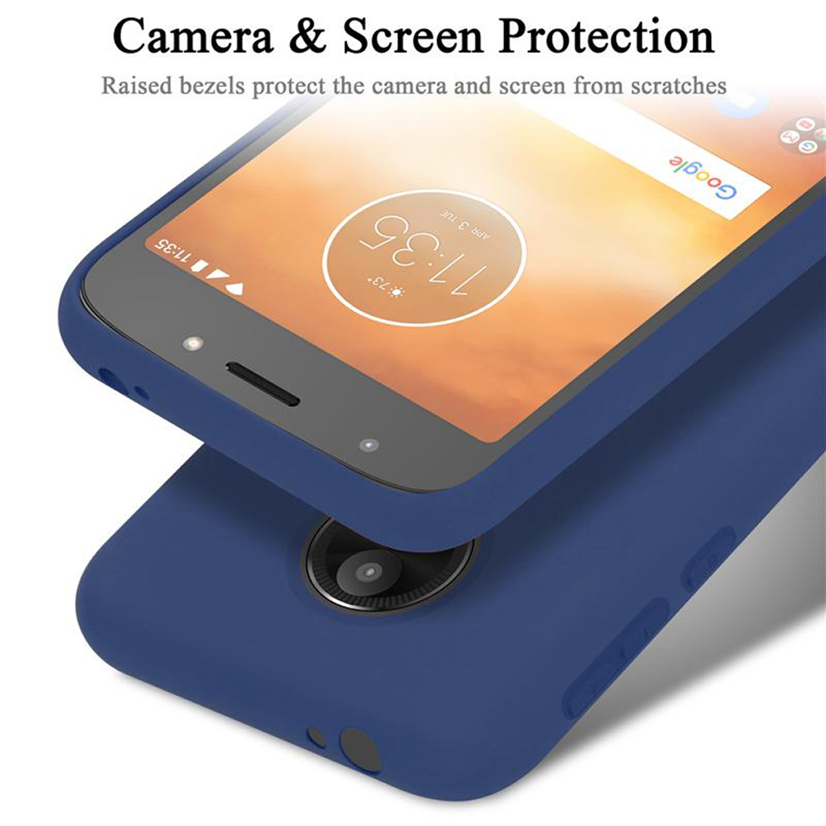 Blaue Handyhülle, die ein Telefon mit der Uhrzeit 11:11 auf dem Bildschirm schützt.