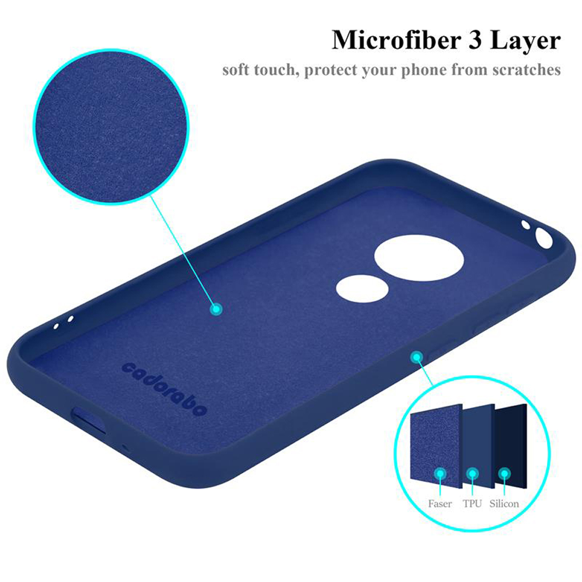 Blaues Handyhülle-Innenseite mit Schichten und Text: Mikrofaser 3-lagig.