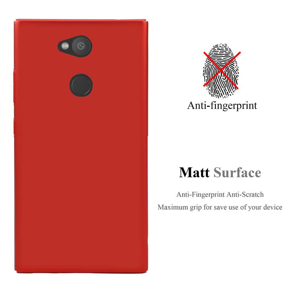 Custodia per telefono rossa. Viene mostrato il testo "Anti-impronte" e un simbolo di impronta digitale. La superficie è opaca.