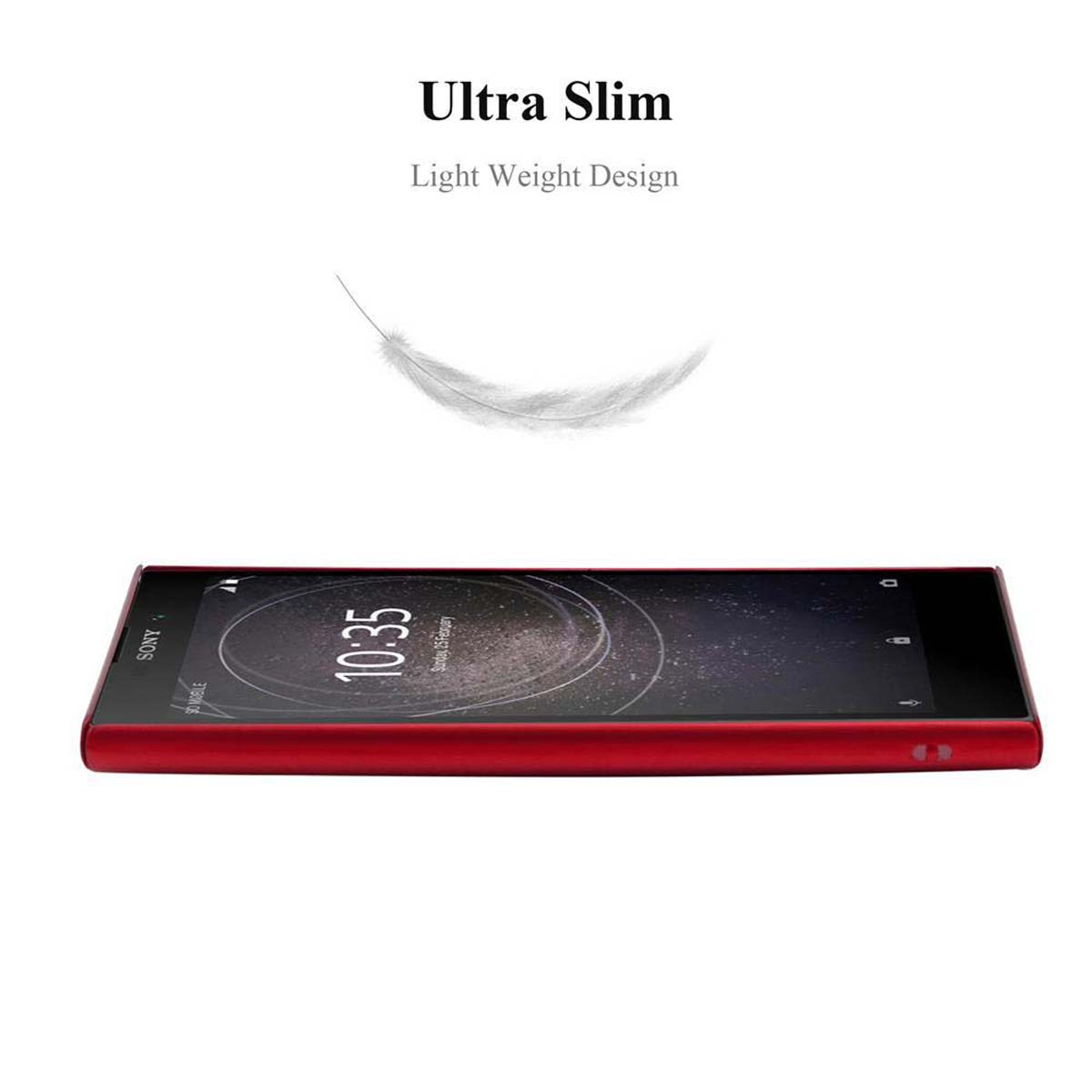 Telefono rosso con custodia su bianco. Testo: Ultra Slim, Light Weight Design. Una piuma fluttua sopra il telefono.