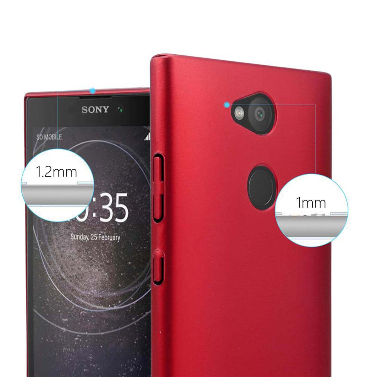 Custodia rossa con dettagli schermo e fotocamera rialzati, diagrammi delle funzioni rialzate.