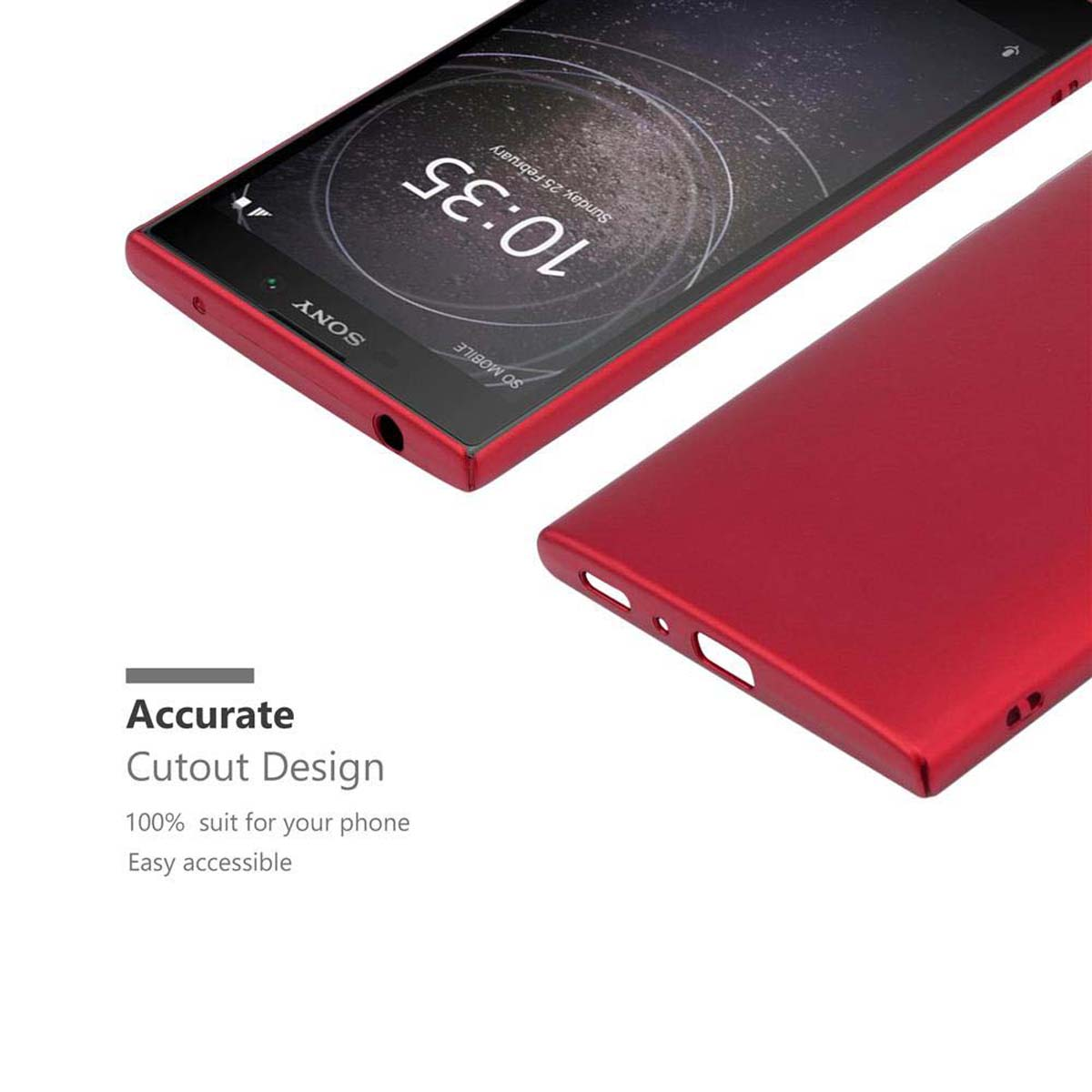 Telefono rosso con schermo che mostra l'ora, testo che dice "Accurate Cutout Design" e "Easy accessible".