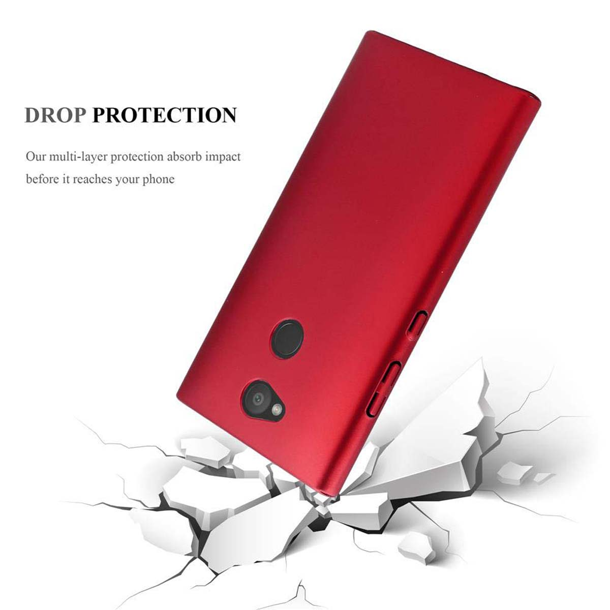 Una custodia per telefono rossa che cade su una superficie. Progettata per la protezione dalle cadute.