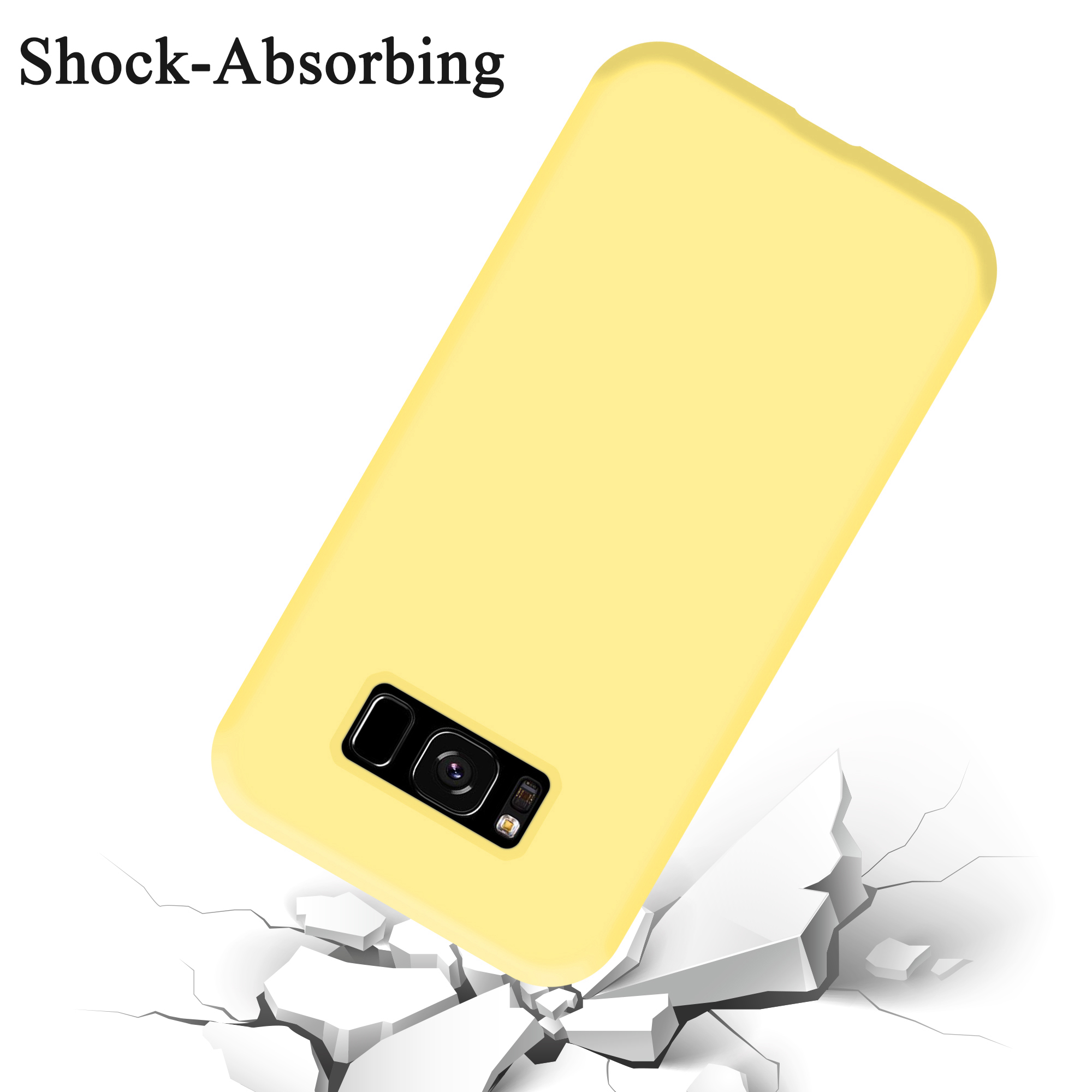 Gelbe Handyhülle, fällt auf zerbrochene Oberfläche, Text 'Shock-Absorbing'.