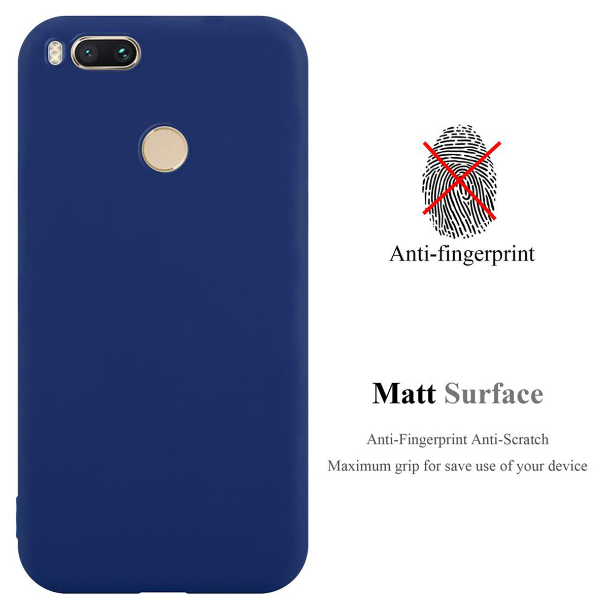 Eine dunkelblaue Handyhülle mit matter Oberfläche und Text zu Anti-Fingerabdruck- und Anti-Kratz-Funktionen.