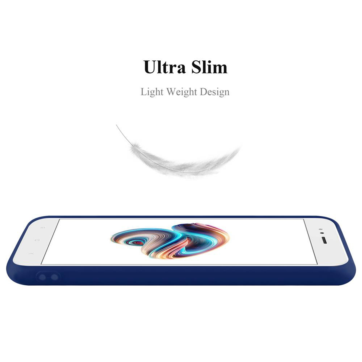 Blaue Handyhülle mit einem Telefon, Text: Ultra Slim, Light Weight Design und einer Feder.