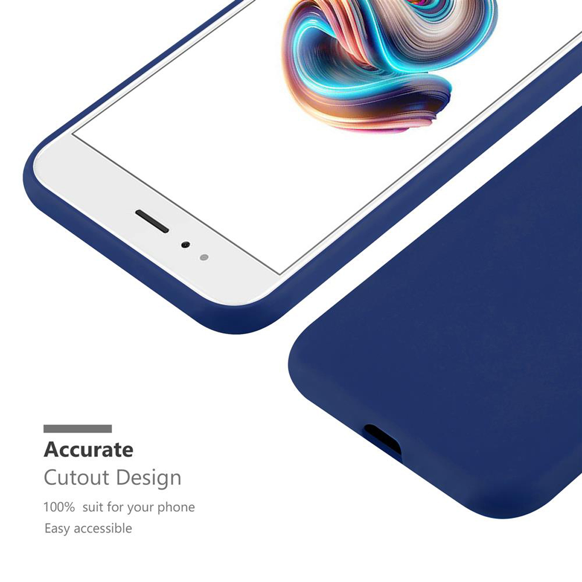Eine dunkelblaue Handyhülle mit einem weißen Telefon. Der Text lautet "Accurate Cutout Design". Das Telefon ist weiß.