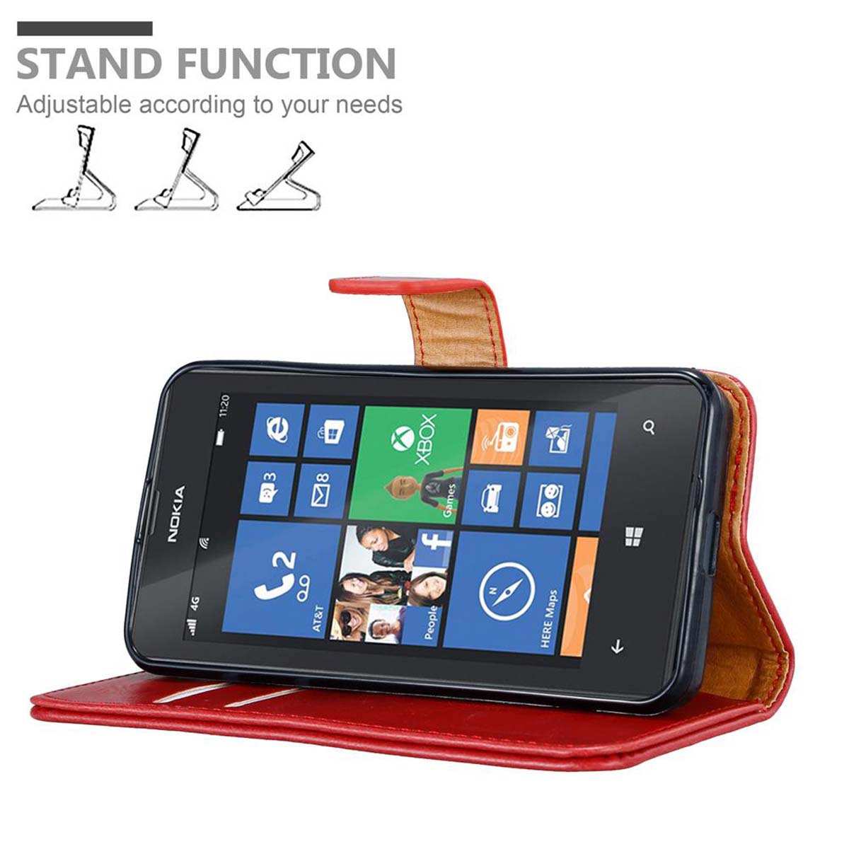 Un telefono in una custodia rossa che si apre, con icone sullo schermo.