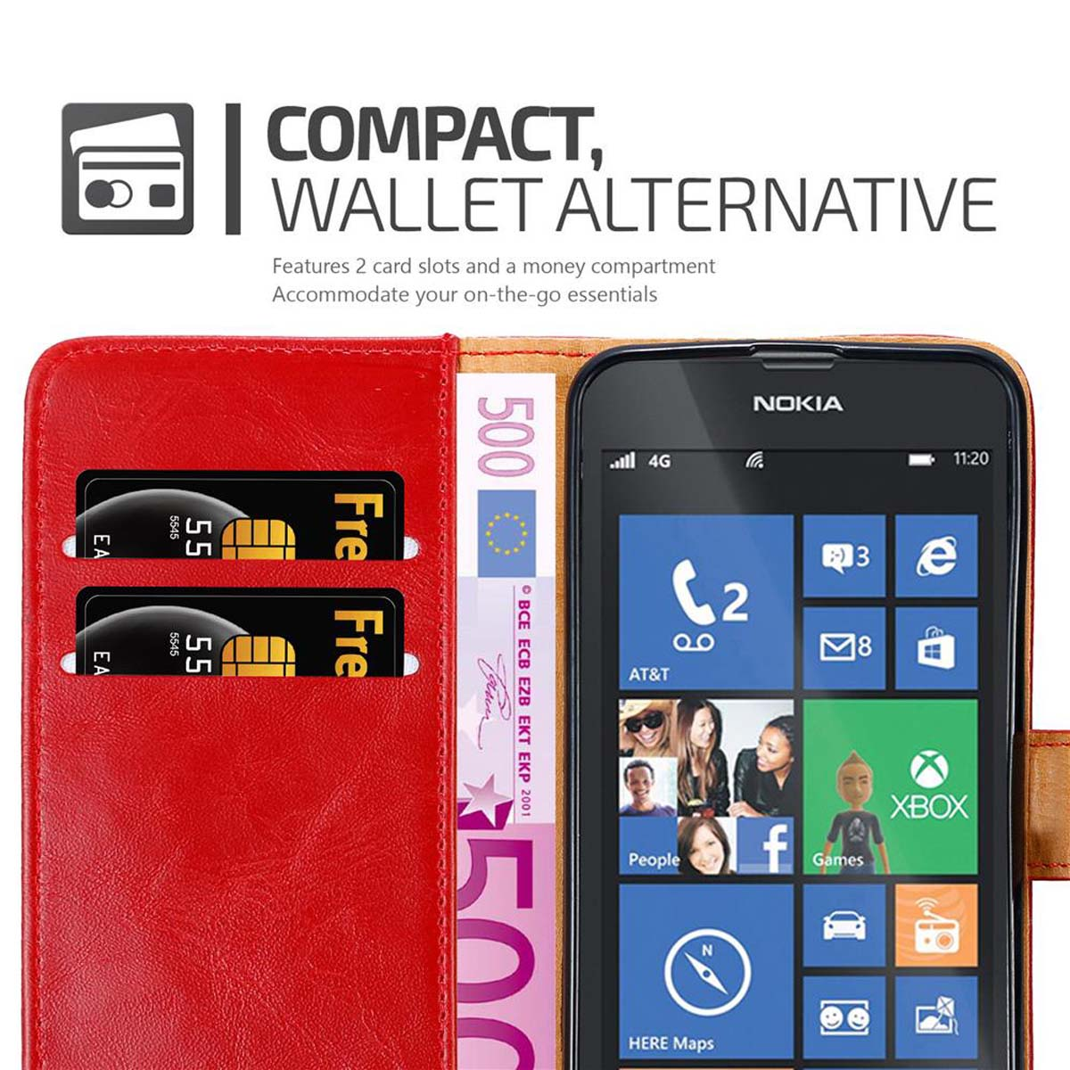Una custodia a portafoglio rossa per telefono con un telefono all'interno, due slot per carte e una banconota in euro. La parola 'Nokia' sul telefono.