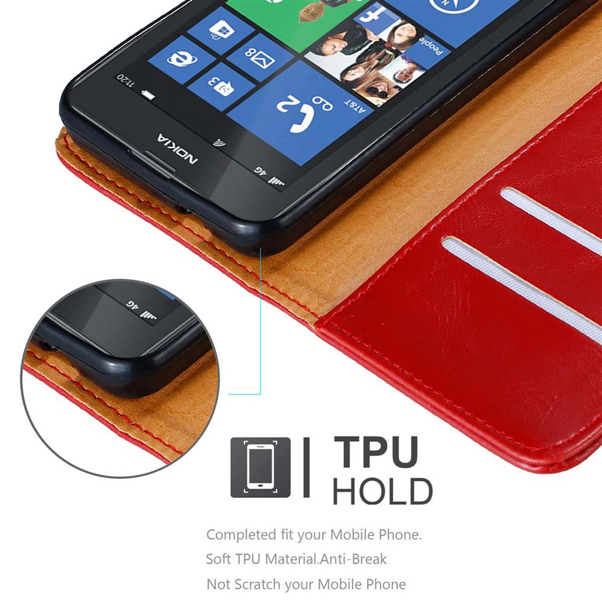 Un telefono all'interno di una custodia rossa con una presa in TPU, che mostra un'interfaccia telefonica.