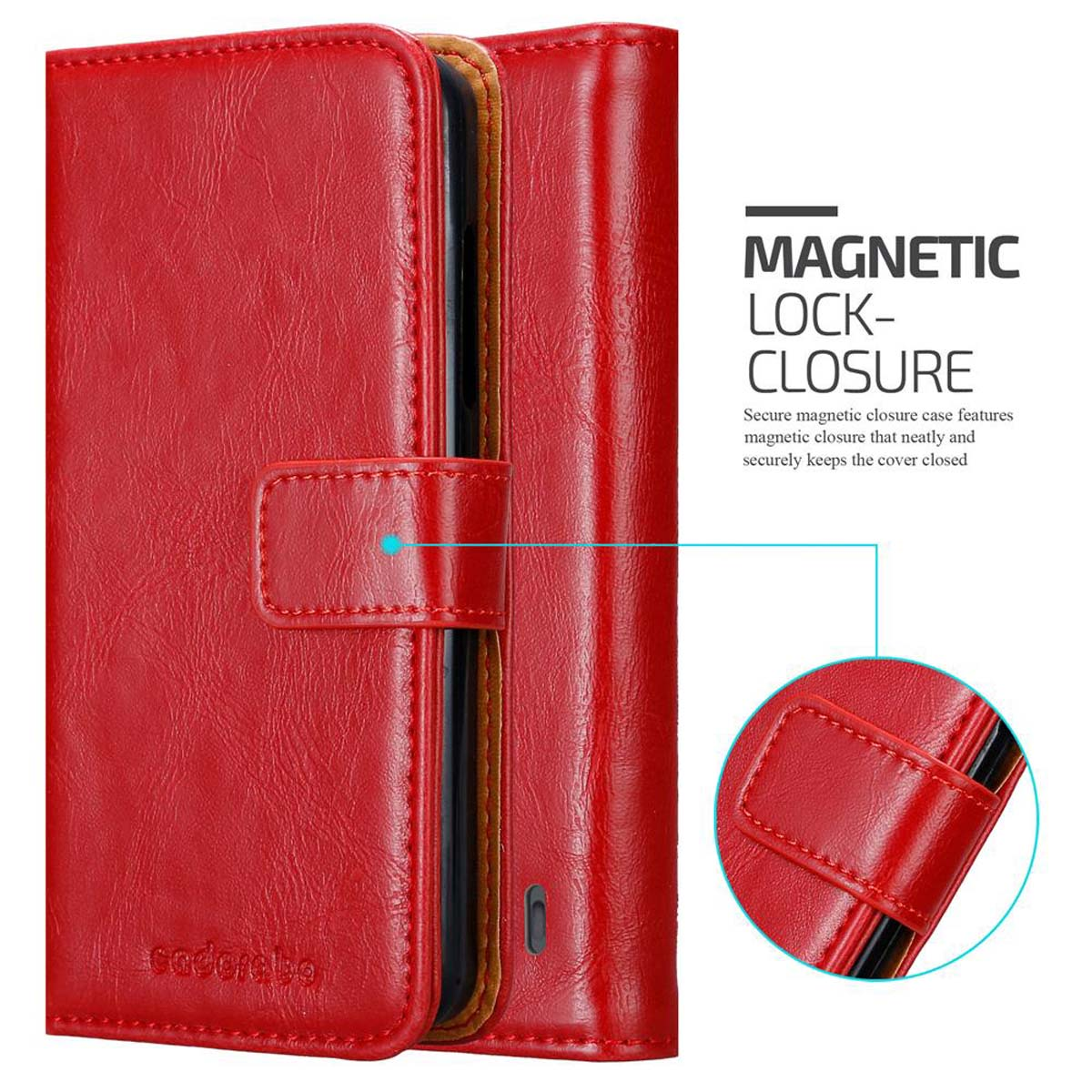 Una custodia per telefono in pelle rossa è mostrata aperta con una chiusura magnetica. Il testo dice 'Chiusura magnetica'.