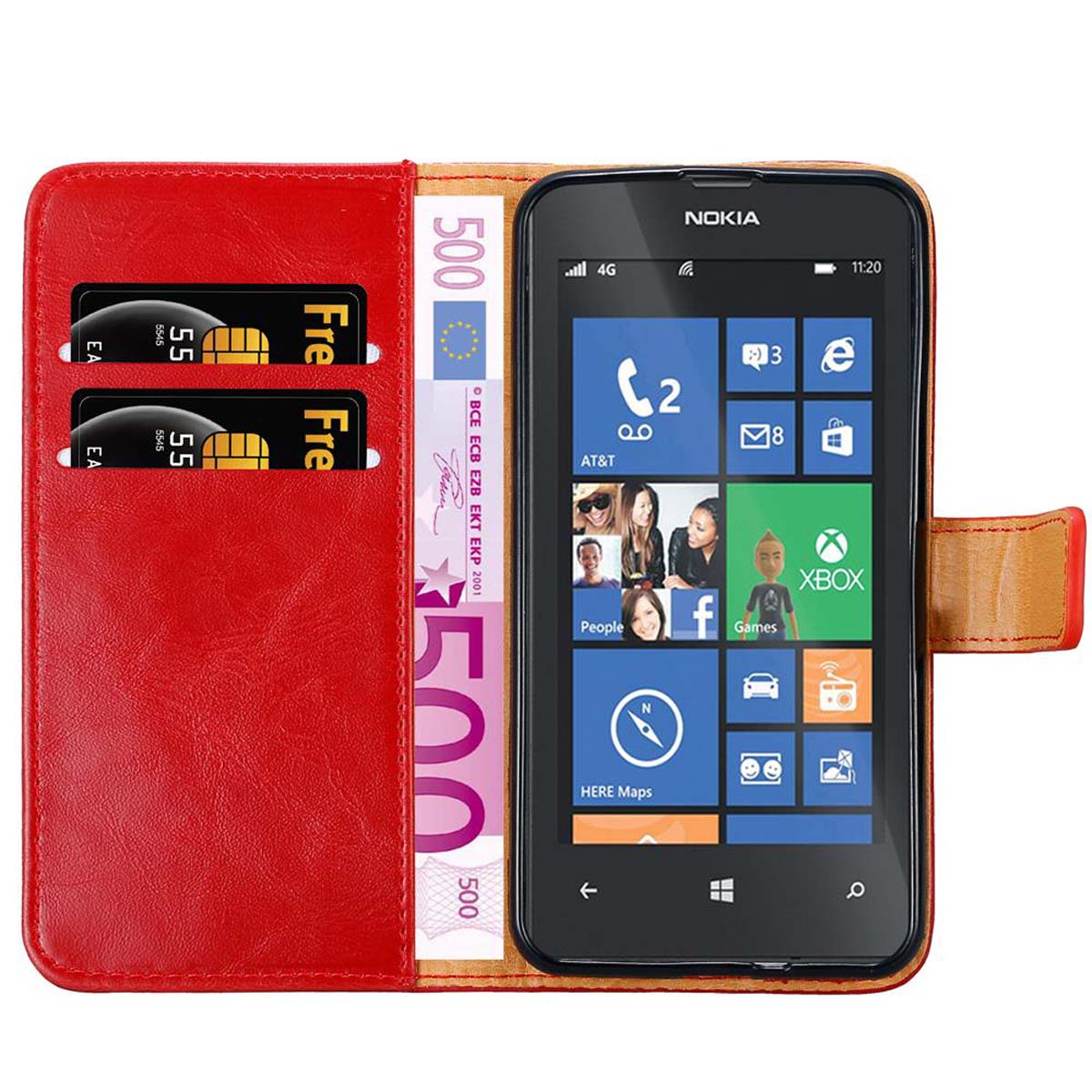 Telefono Nokia in una custodia rossa e marrone, con app e banconota da 500 euro e carte di credito.