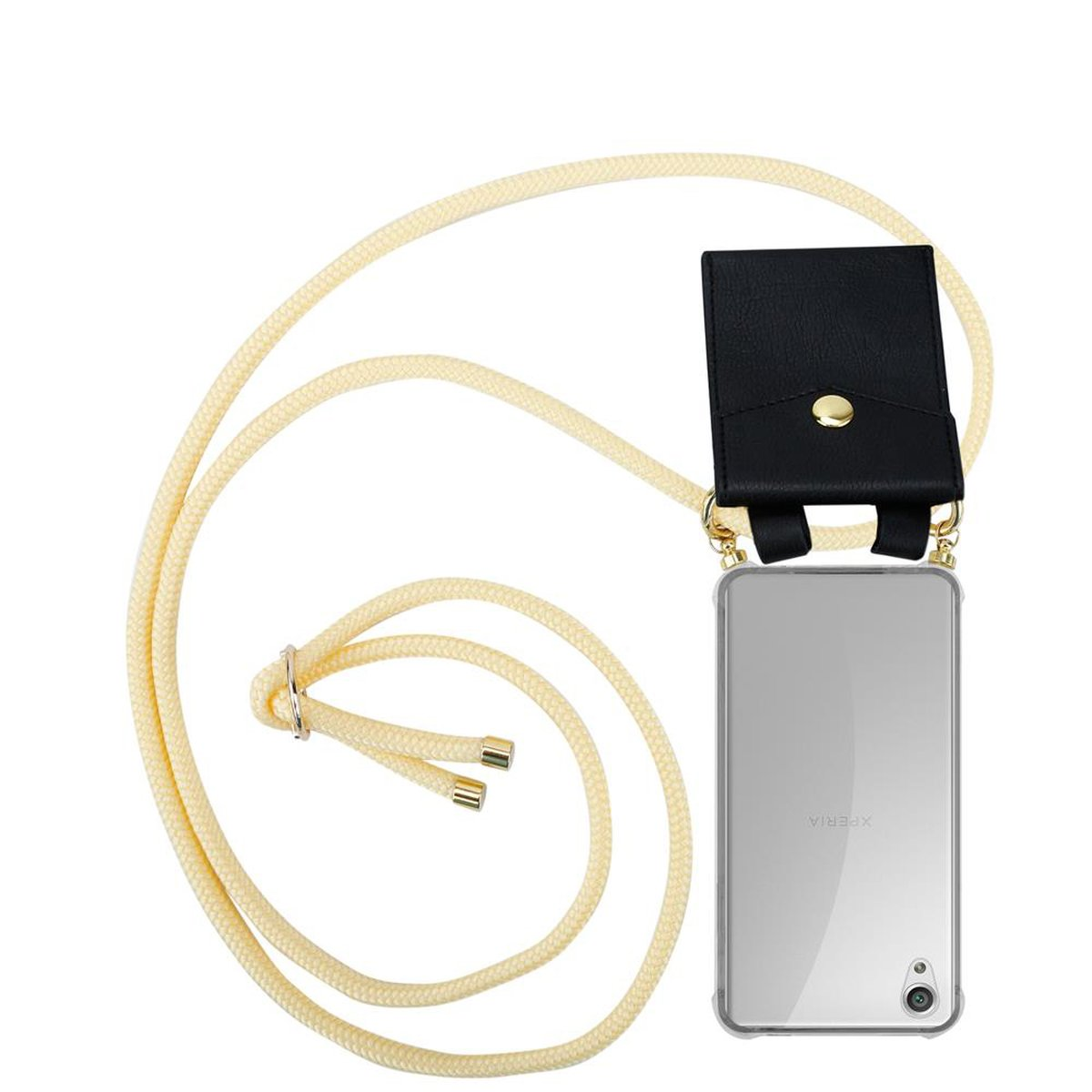 Eine Smartphone-Hülle mit gelbem Seil und schwarzem Leder-Telefonhalter. Das Telefon ist klar.