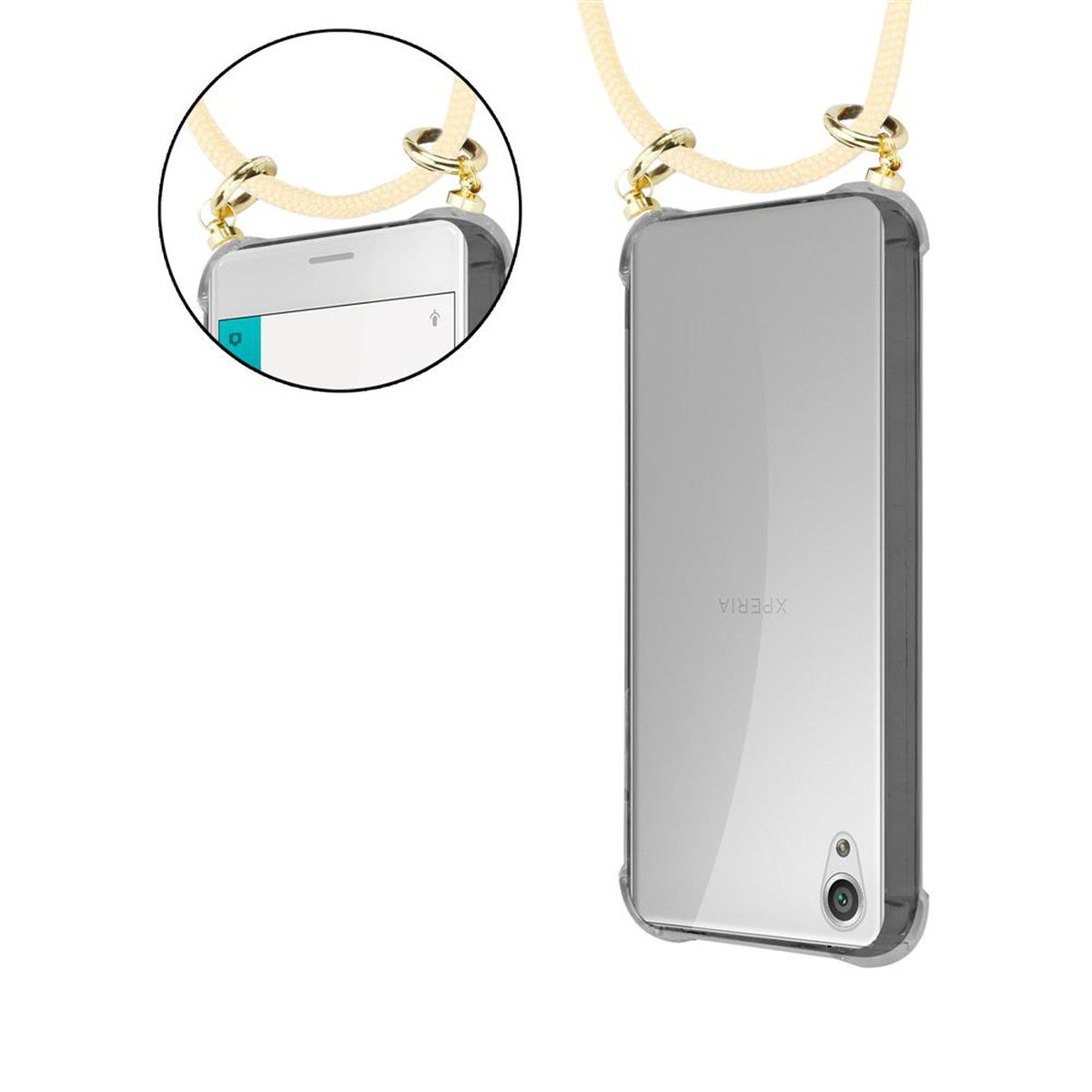 Zwei transparente Handyhüllen mit goldenem Seil. Eine zeigt den Bildschirm des Telefons, die andere die Rückseite.