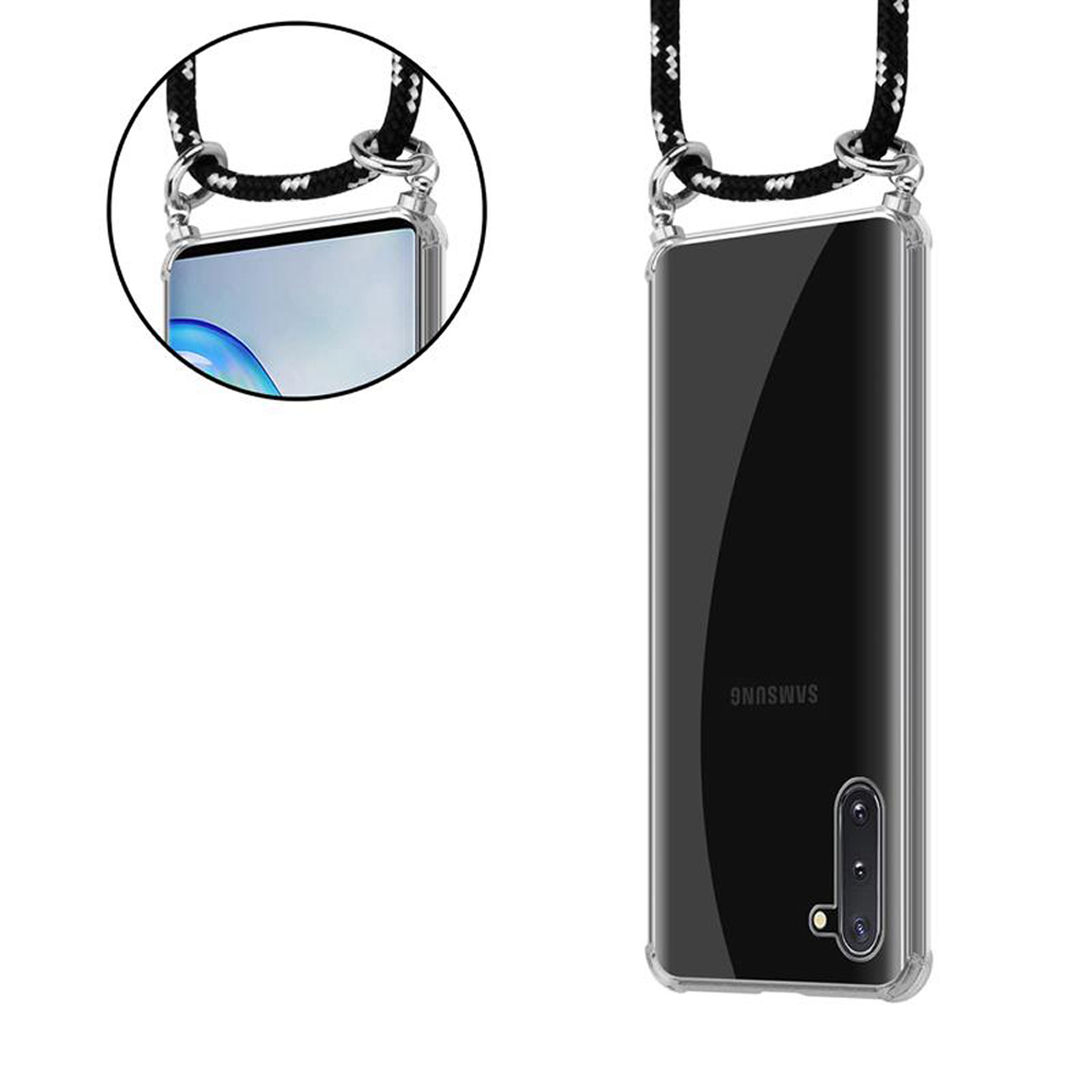 Telefono in una custodia trasparente con cinturino bianco e nero. Il telefono è su sfondo bianco.