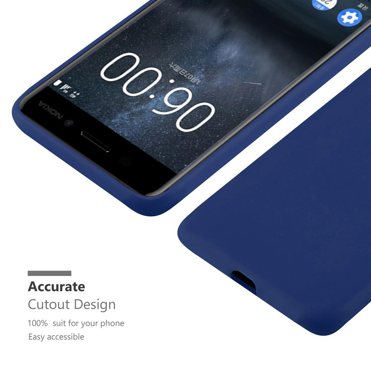 Una custodia per telefono blu scuro con un telefono. Il testo dice "Accurate Cutout Design". Lo schermo del telefono è visibile.