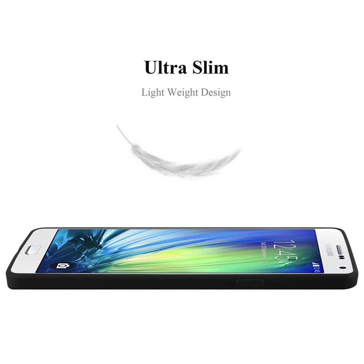 Ein schwarzes Telefon in einer schwarzen Hülle. Die Hülle ist ultradünn und hat ein leichtes Design.