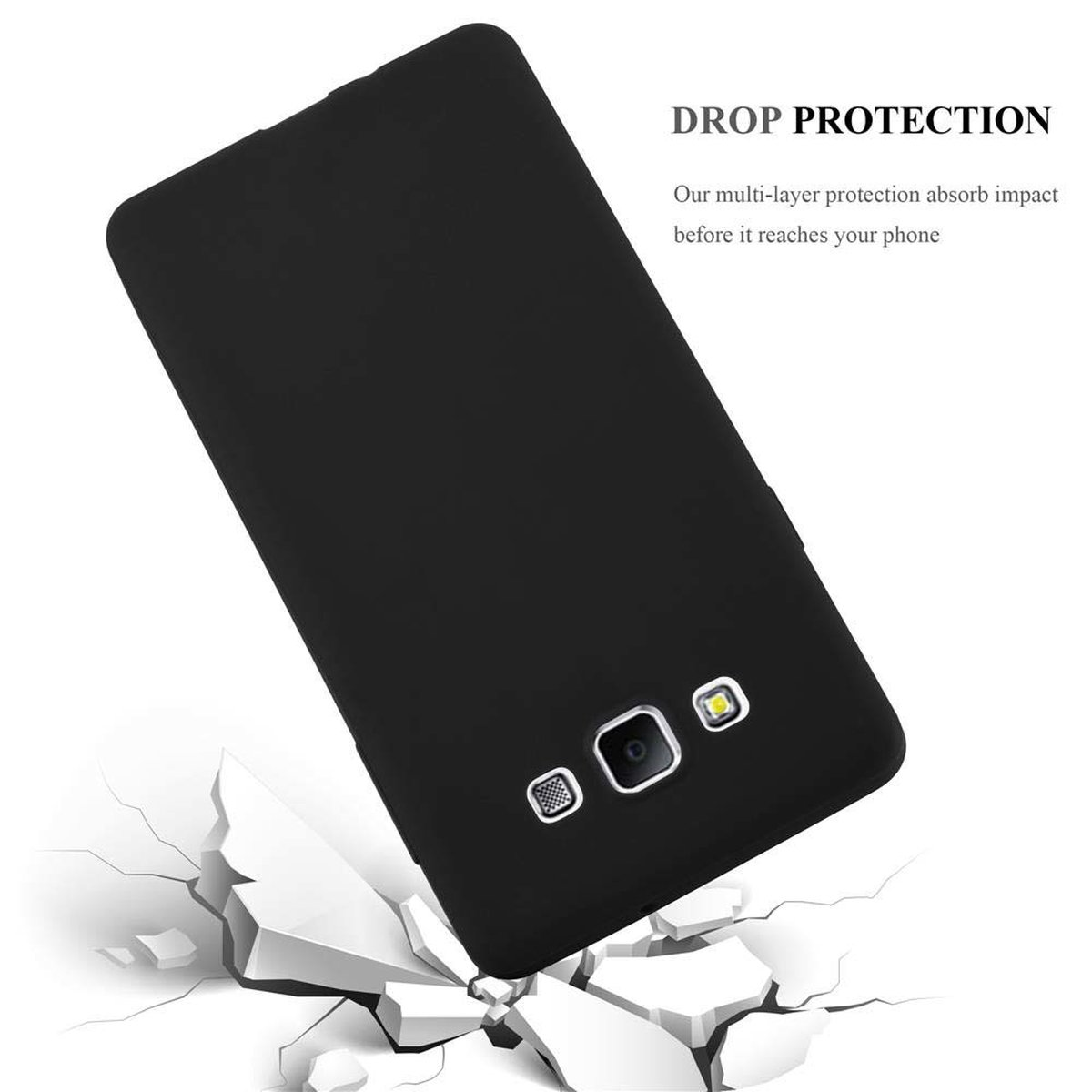 Schwarze Handyhülle. Telefon ist angewinkelt. Weiße Risse erscheinen unten, Text: DROP PROTECTION.