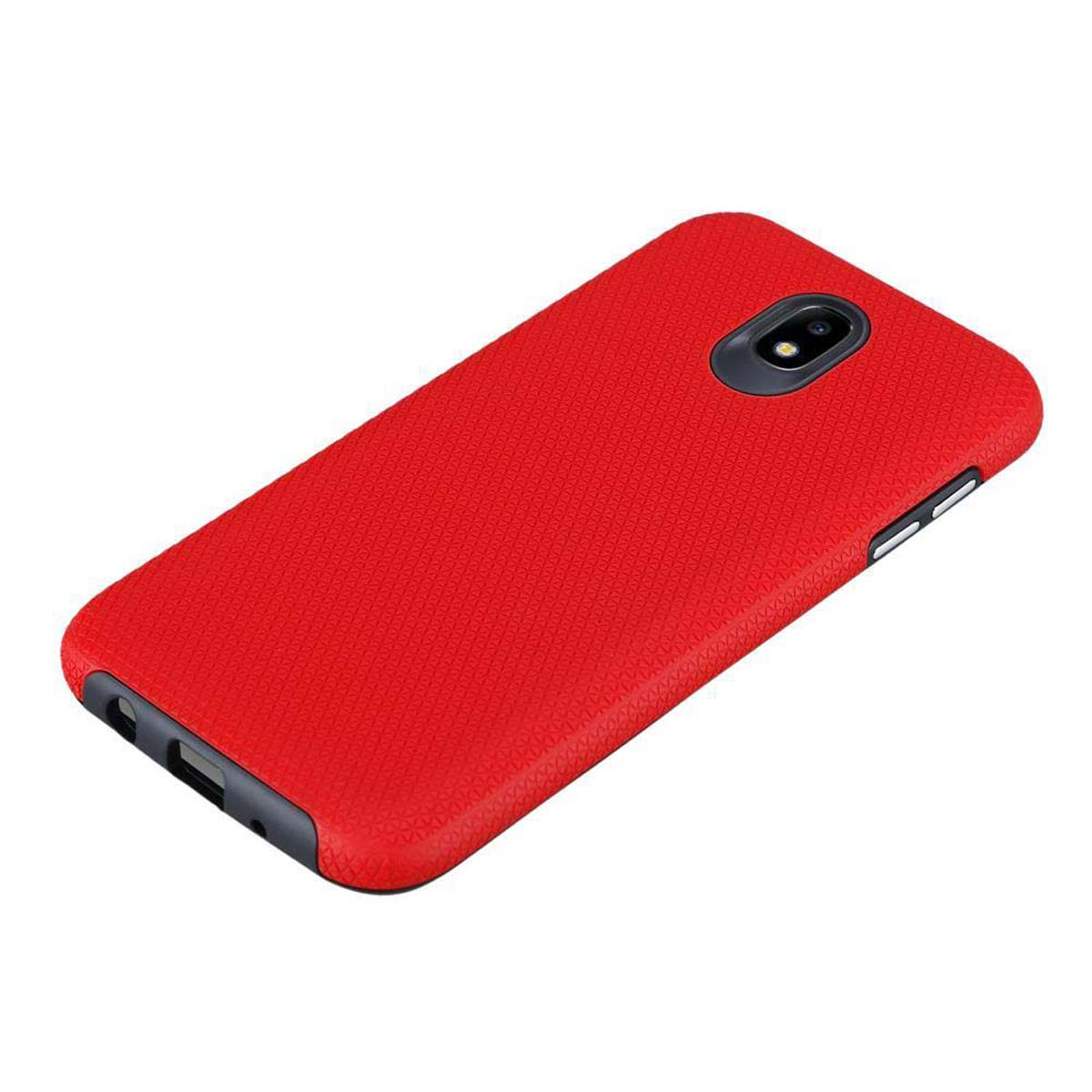 Una custodia per telefono rossa su sfondo bianco. La custodia ha un design strutturato e aperture per una fotocamera.