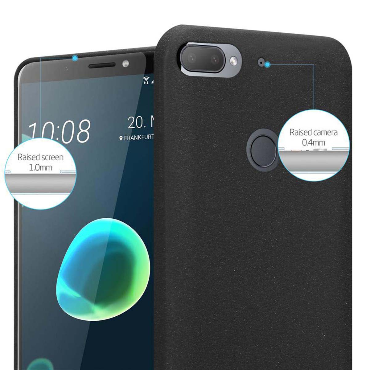 Custodia per telefono nera con bordi rialzati. Mostra protezione della fotocamera e dello schermo. Schermo rialzato 1,0 mm, fotocamera 0,4 mm.