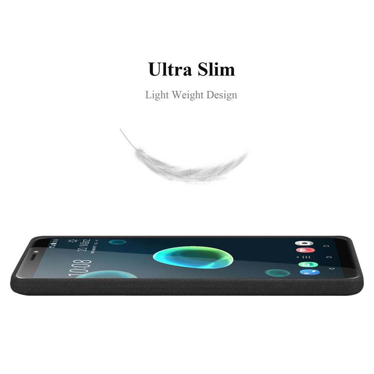 Telefono con custodia nera. Viene mostrato un grafico a forma di piuma e le parole Ultra Slim.