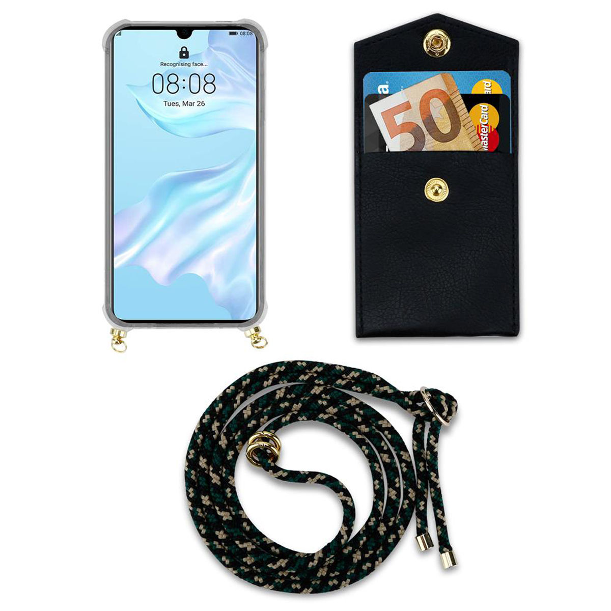 Telefono con custodia e laccetto. Portafoglio in pelle nera con carte. Laccetto con motivo verde e nero.