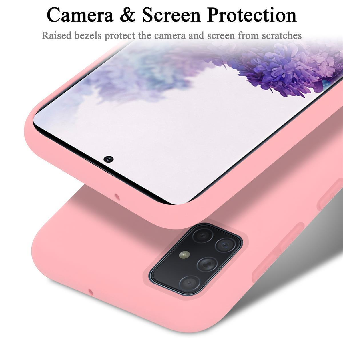 Rosa Handyhülle schützt Telefon. Text: Kamera- & Bildschirmschutz. Rosa Hülle und weißer Bildschirm sichtbar.